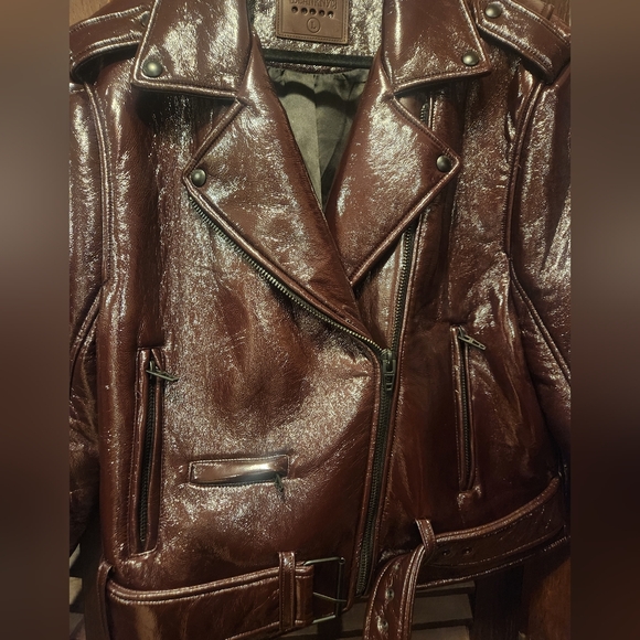 Blank NYC Shiny Dark Brown Cropped Biker Jacket - Picture 2 of 5